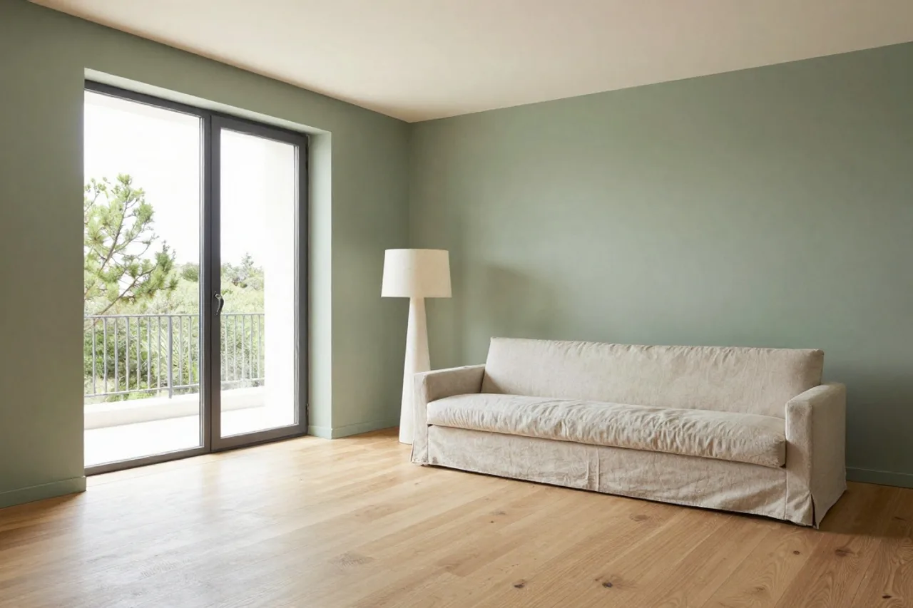 Salon minimalistes aux tons sauge conçu par l'agence à Nantes