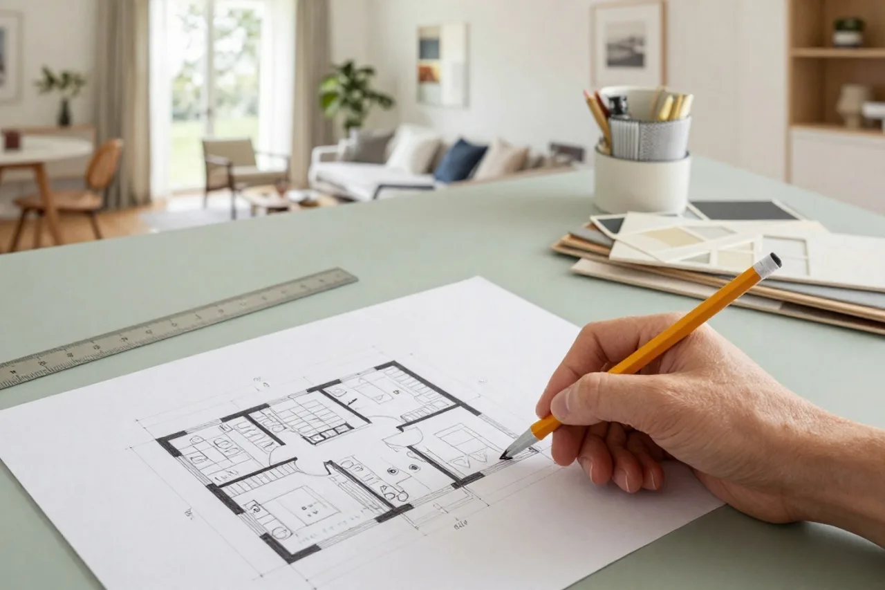 Main d'architecte dessinant un plan d'aménagement sur papier
