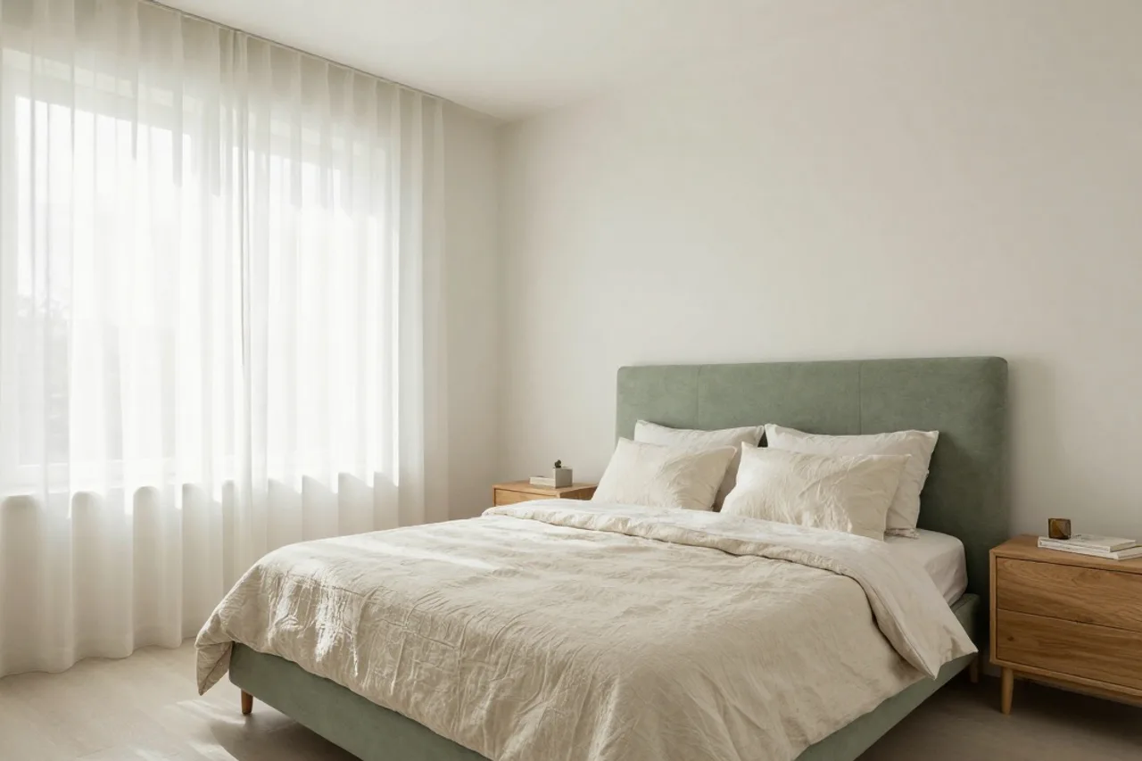 Chambre à coucher à la tête de lit sauge et linge de lit en lin