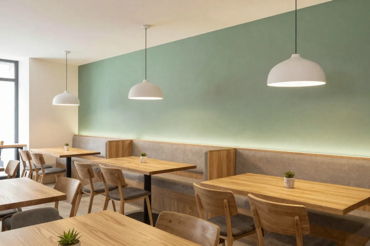 Salle de restaurant avec banquettes et tables en bois clair