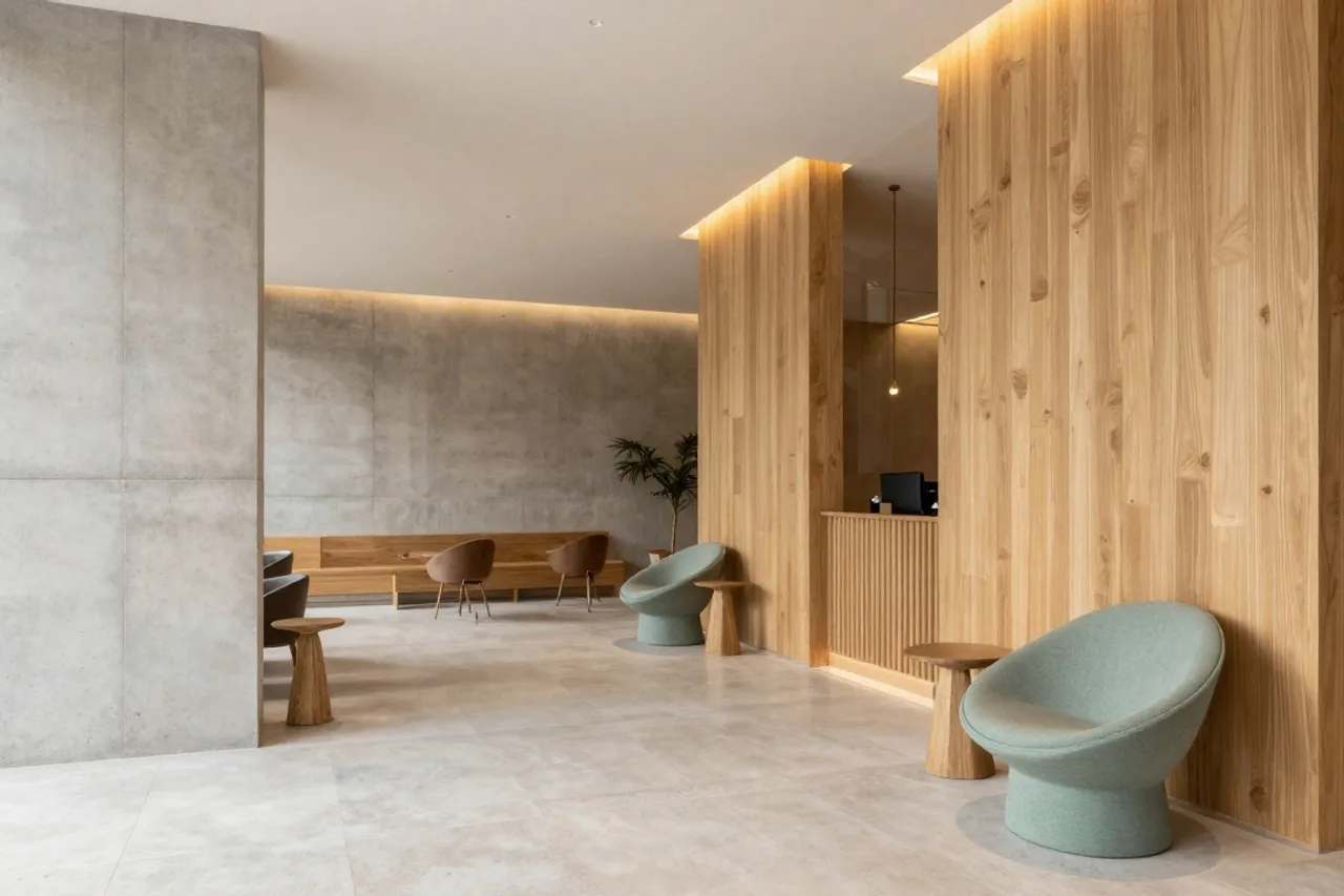 Hall d'hôtel à l'architecture minérale et boiseries en chêne